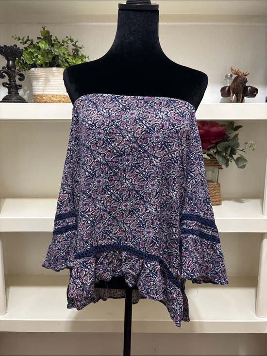 Hannah Tops - Hannah Navy Blue and Pink Paisley Off-Shoulder Blouse
